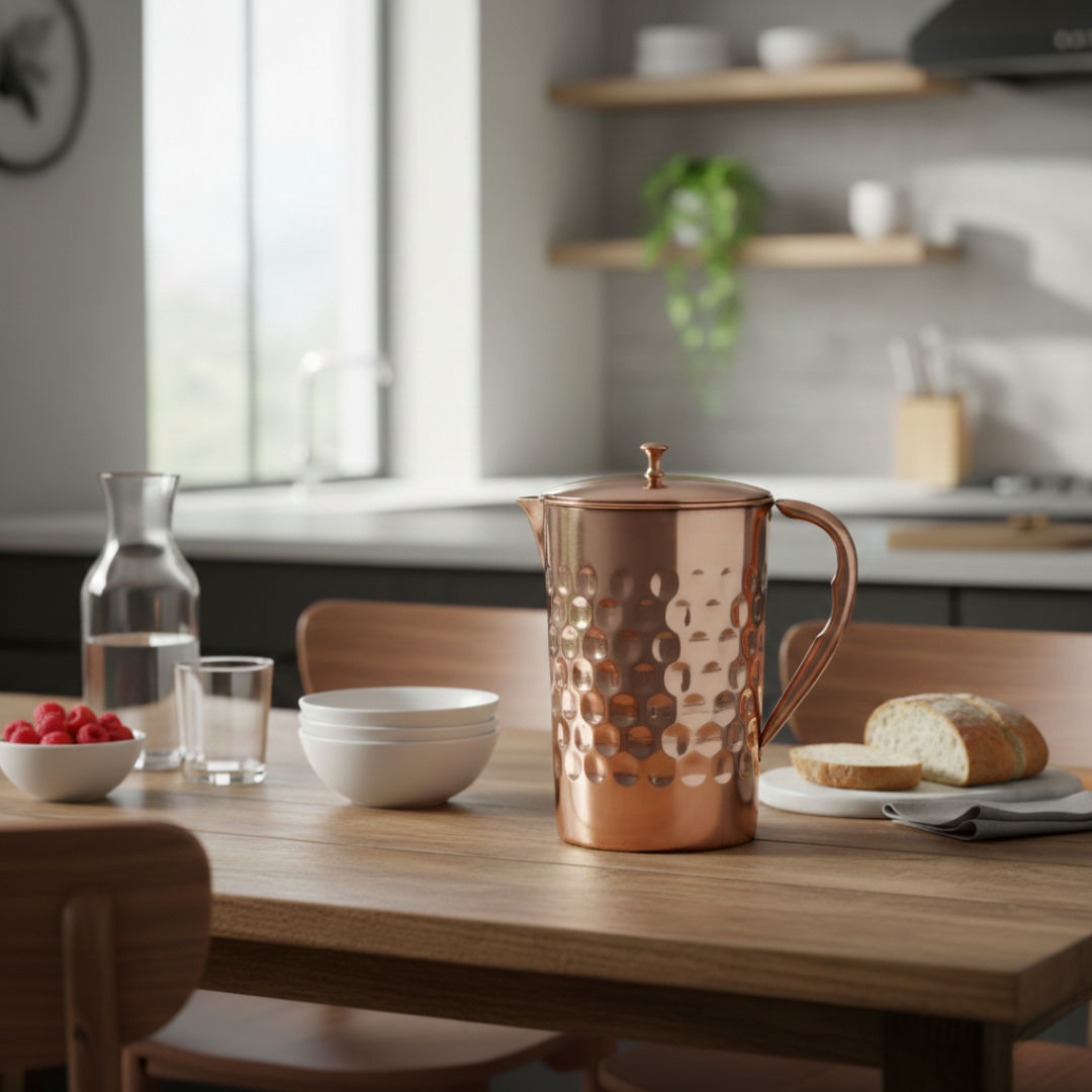 Pure copper diamond hammered jug with brass knob on lid fulldiamond, 1000 ML